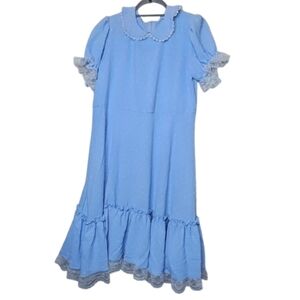 Dress with Lace Trim Lace Up Light Blue Prairie Long Round Neck Cottage Vibe L